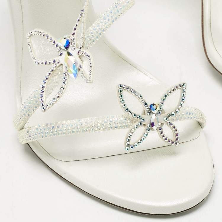 Pre Owned René Caovilla White Satin Crystal Embellished Margot Sandals Size 38