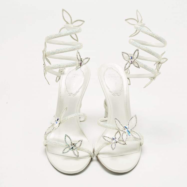 Pre Owned René Caovilla White Satin Crystal Embellished Margot Sandals Size 38