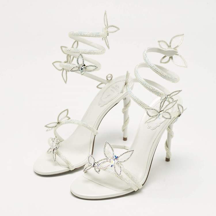Pre Owned René Caovilla White Satin Crystal Embellished Margot Sandals Size 38