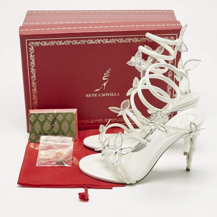 Pre Owned René Caovilla White Satin Crystal Embellished Margot Sandals Size 38