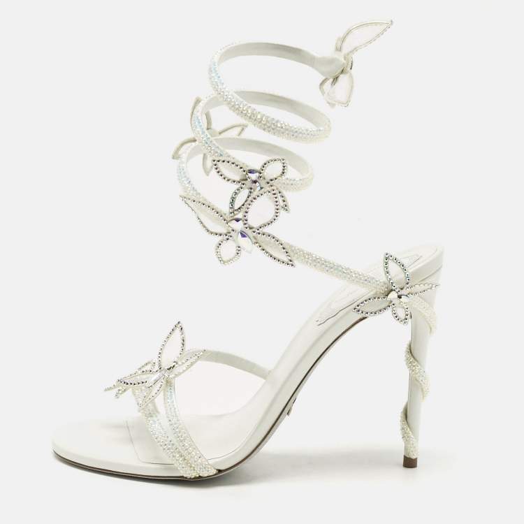 Pre Owned René Caovilla White Satin Crystal Embellished Margot Sandals Size 38