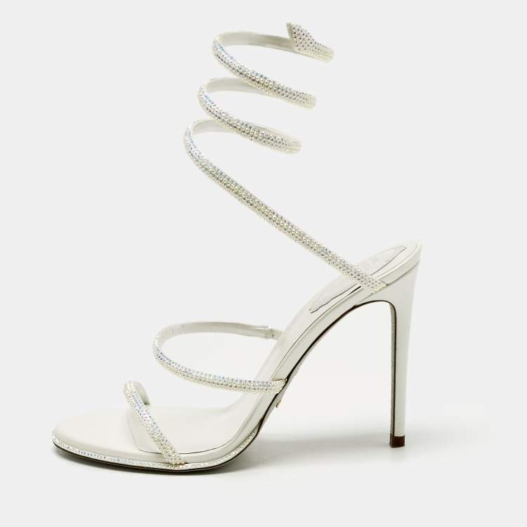 Pre Owned René Caovilla White Satin Cleo Crystals Sandals Size 39