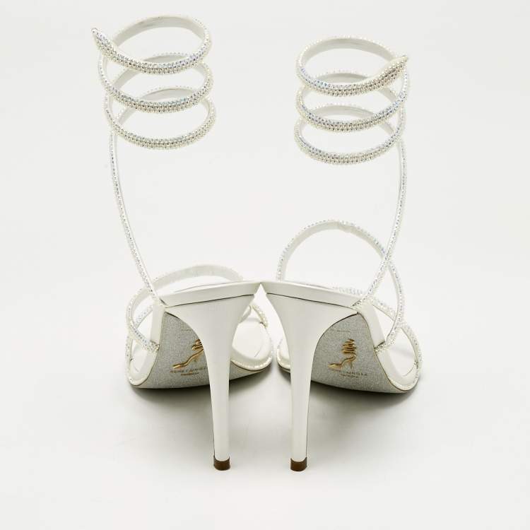 Pre Owned René Caovilla White Satin Cleo Crystals Sandals Size 39