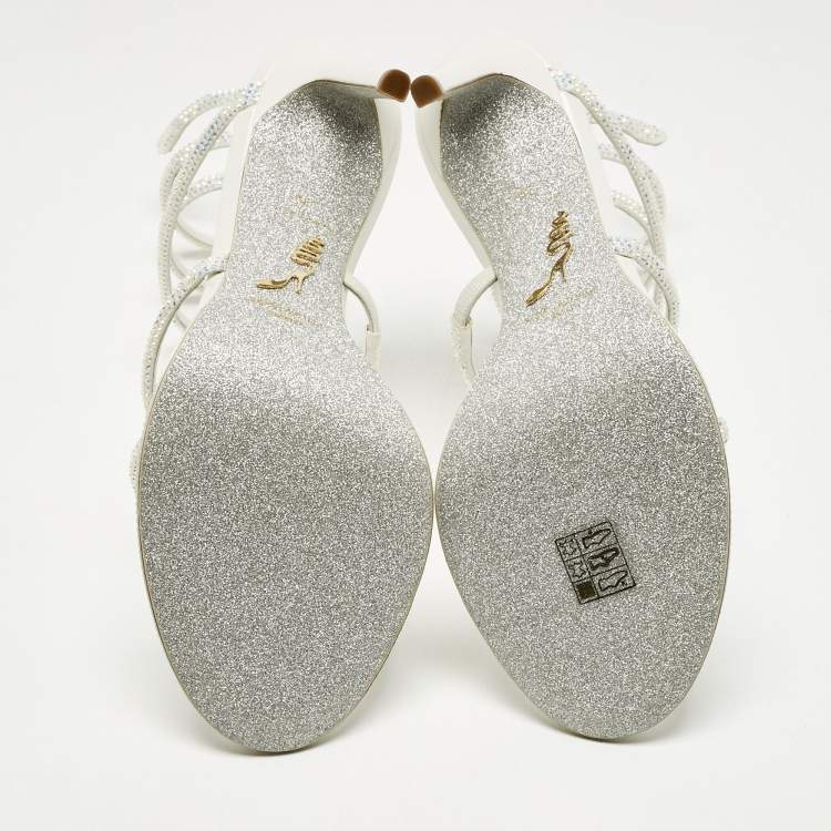 Pre Owned René Caovilla White Satin Cleo Crystals Sandals Size 39