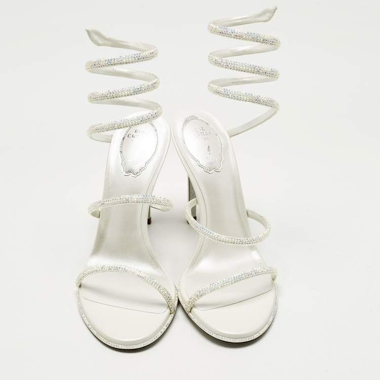 Pre Owned René Caovilla White Satin Cleo Crystals Sandals Size 39