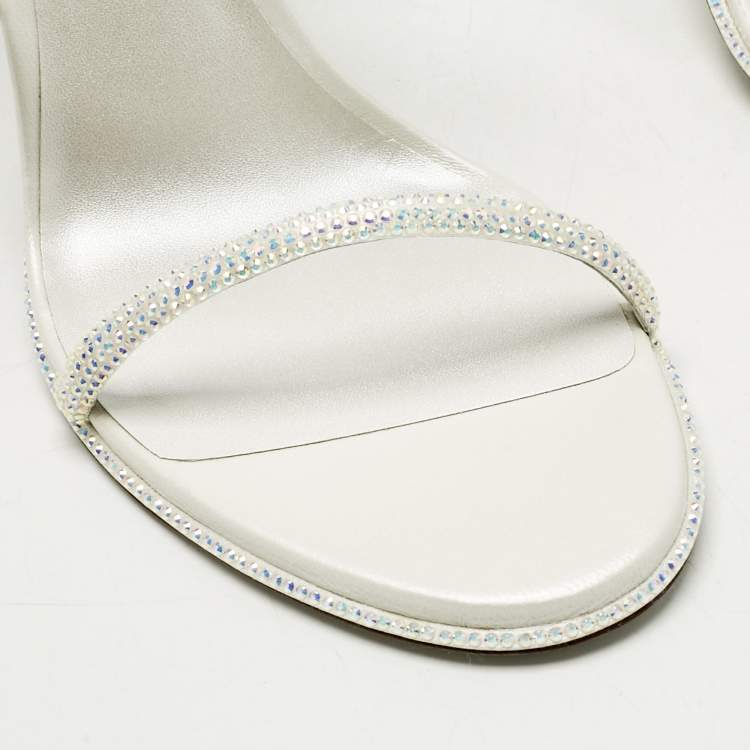 Pre Owned René Caovilla White Satin Cleo Crystals Sandals Size 39