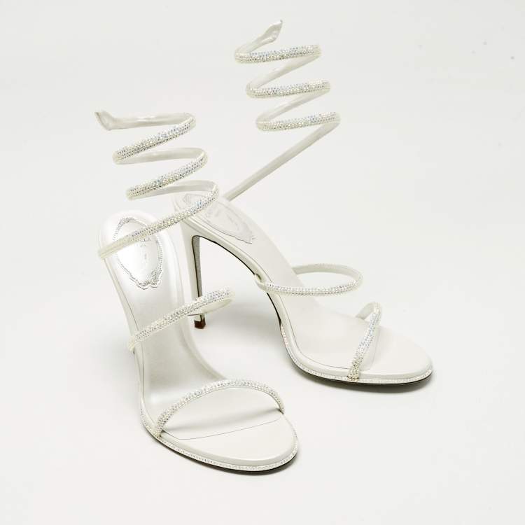 Pre Owned René Caovilla White Satin Cleo Crystals Sandals Size 39