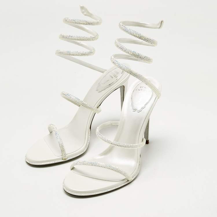 Pre Owned René Caovilla White Satin Cleo Crystals Sandals Size 39