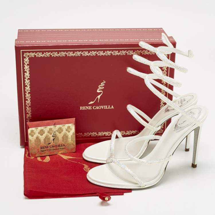 Pre Owned René Caovilla White Satin Cleo Crystals Sandals Size 39