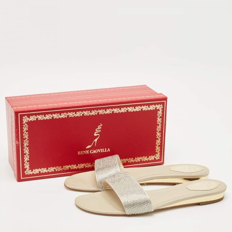 Pre Owned René Caovilla Light Gold Satin Crystals Embellished Flat Slides Size 41