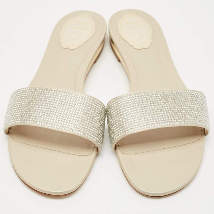 Pre Owned René Caovilla Light Gold Satin Crystals Embellished Flat Slides Size 41