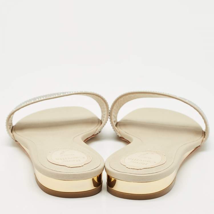 Pre Owned René Caovilla Light Gold Satin Crystals Embellished Flat Slides Size 41