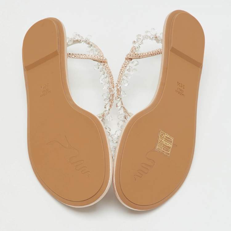 Pre Owned René Caovilla Beige Satin Crystal Chandelier Embellished T Strap Flats Size 36.5