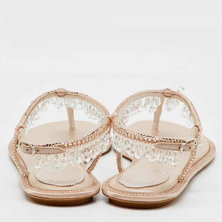 Pre Owned René Caovilla Beige Satin Crystal Chandelier Embellished T Strap Flats Size 36.5