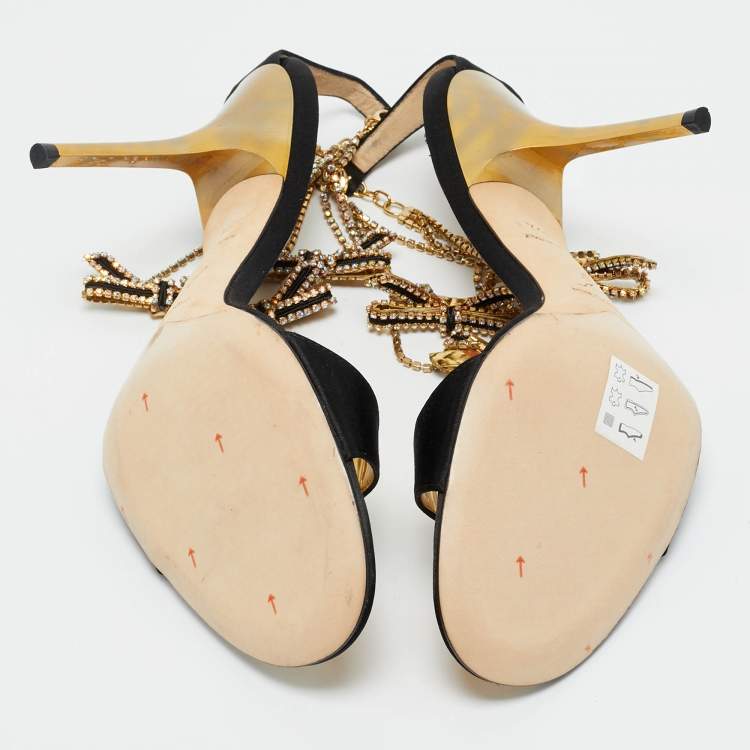 Pre Owned René Caovilla Black Satin Crystal Embellished Ankle Strap Sandals Size 39.5