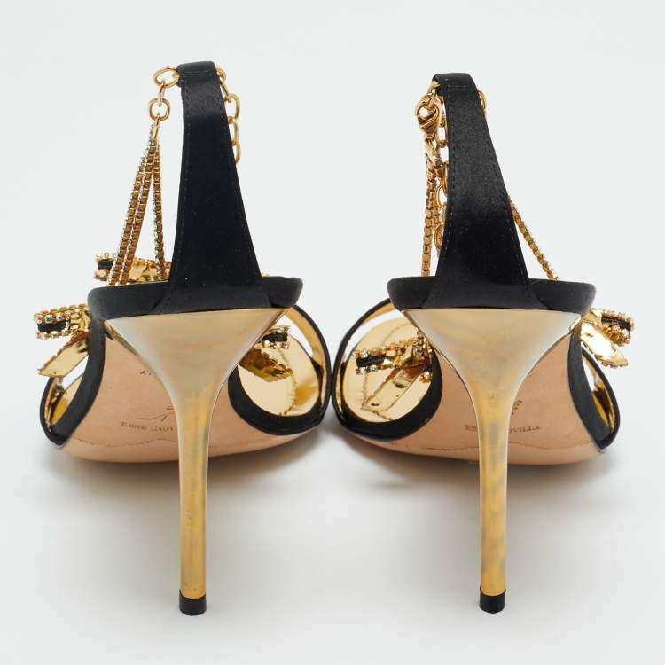 Pre Owned René Caovilla Black Satin Crystal Embellished Ankle Strap Sandals Size 39.5