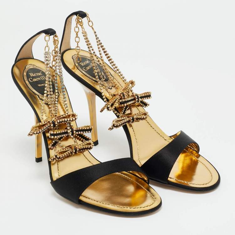 Pre Owned René Caovilla Black Satin Crystal Embellished Ankle Strap Sandals Size 39.5