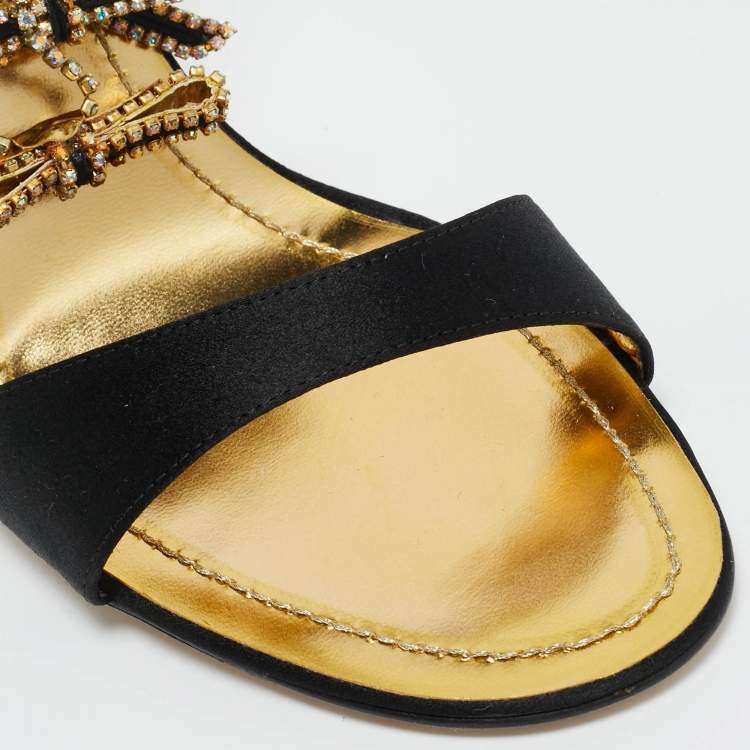 Pre Owned René Caovilla Black Satin Crystal Embellished Ankle Strap Sandals Size 39.5