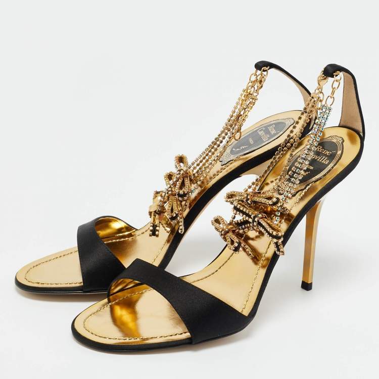 Pre Owned René Caovilla Black Satin Crystal Embellished Ankle Strap Sandals Size 39.5