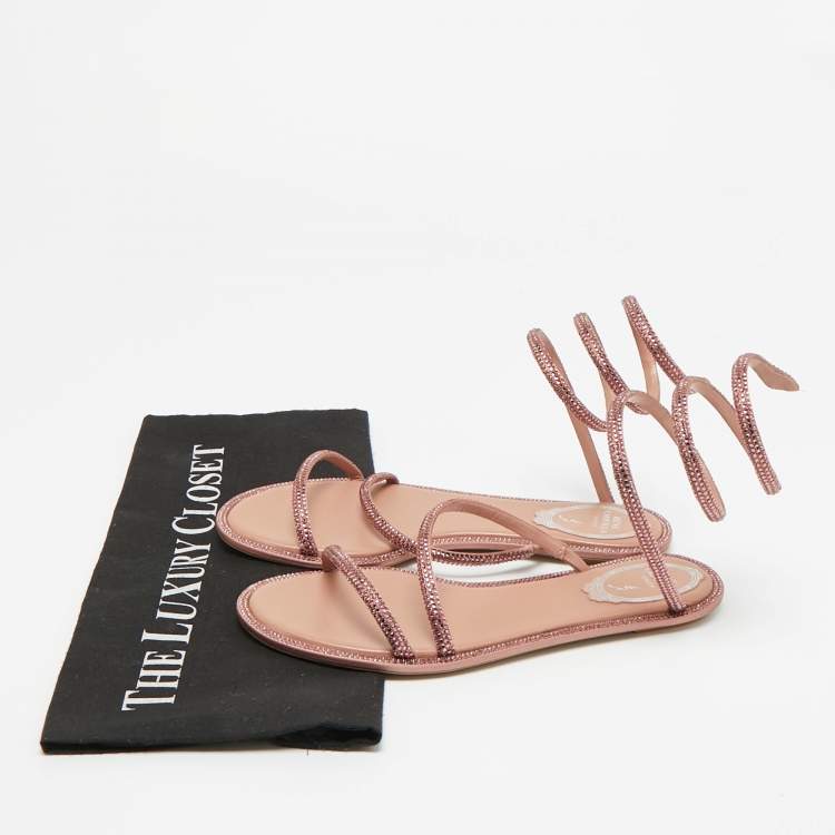 Pre Owned René Caovilla Pink Satin Cleo Ankle Wrap Flat Sandals Size 35