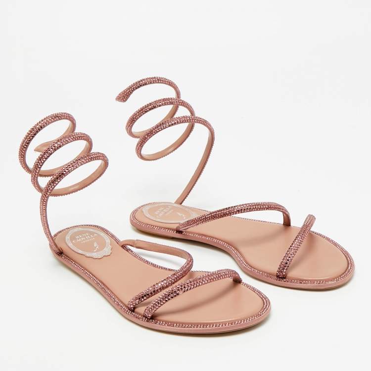 Pre Owned René Caovilla Pink Satin Cleo Ankle Wrap Flat Sandals Size 35