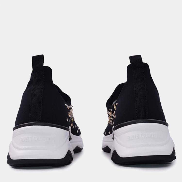 Pre Owned Rene Caovilla Fabric Crystal Black Leather Sneakers