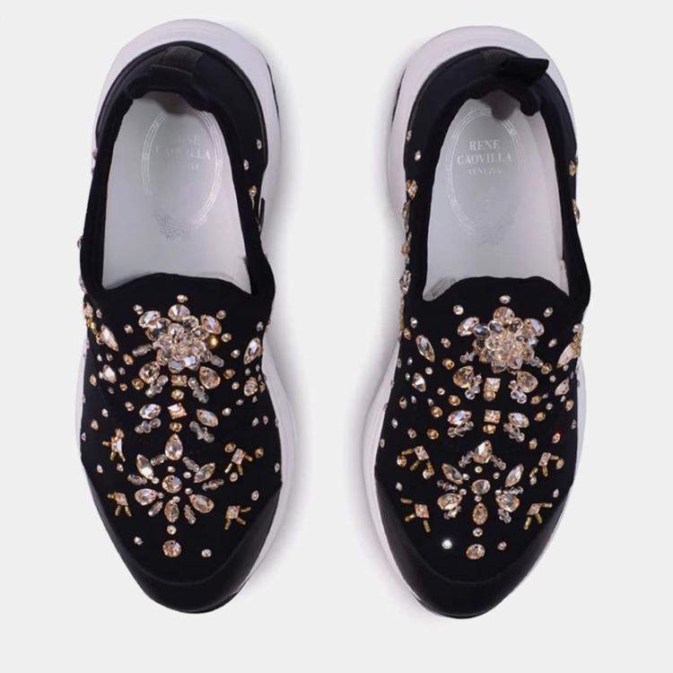 Pre Owned Rene Caovilla Fabric Crystal Black Leather Sneakers