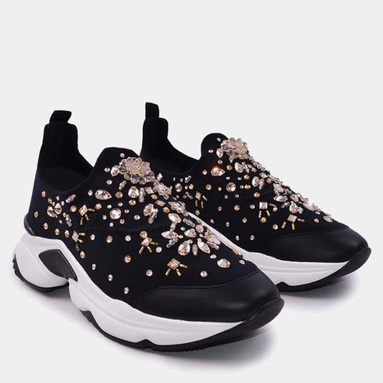 Pre Owned Rene Caovilla Fabric Crystal Black Leather Sneakers