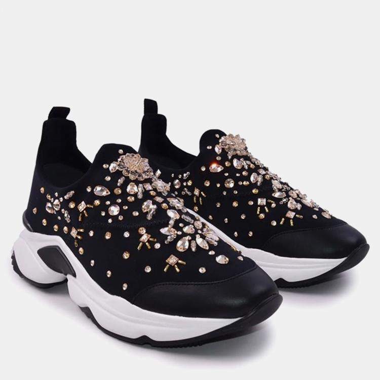 Pre Owned Rene Caovilla Fabric Crystal Black Leather Sneakers