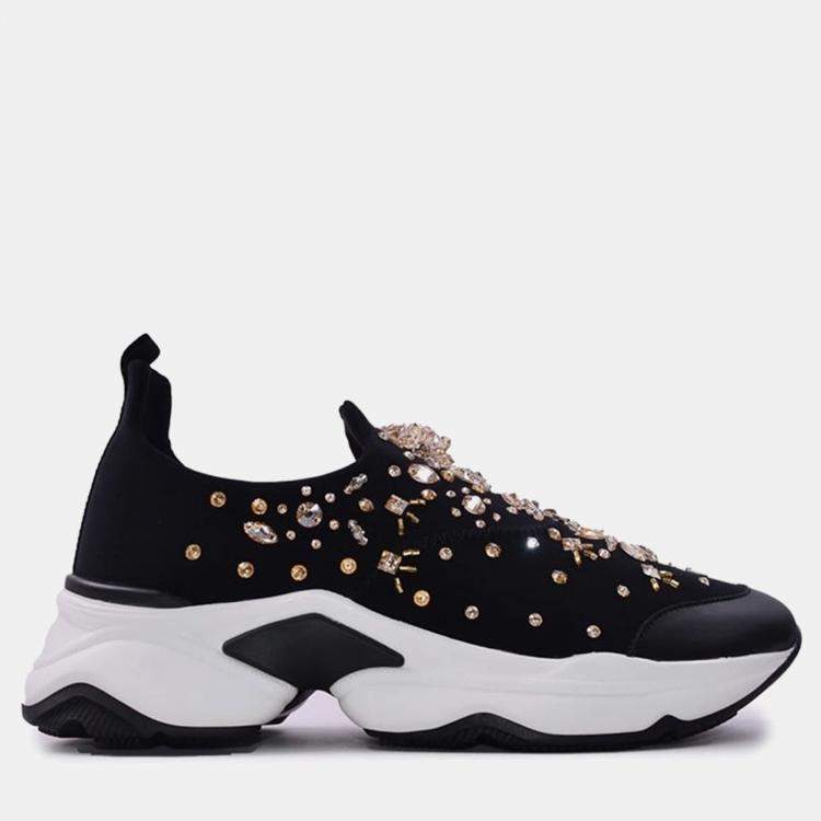 Pre Owned Rene Caovilla Fabric Crystal Black Leather Sneakers