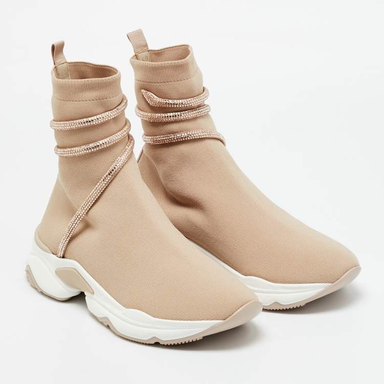 Pre Owned René Caovilla Cleo Size 40 Beige Knit Fabric Slip On Running Sneakers