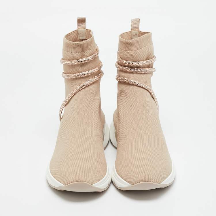 Pre Owned René Caovilla Cleo Size 40 Beige Knit Fabric Slip On Running Sneakers