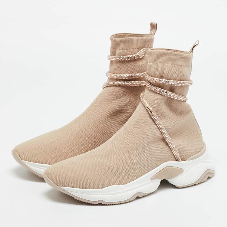 Pre Owned René Caovilla Cleo Size 40 Beige Knit Fabric Slip On Running Sneakers