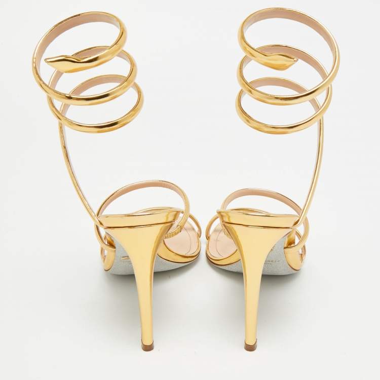 Pre Owned René Caovilla Cleo Size 37 Gold Foil Leather Ankle Wrap Sandals