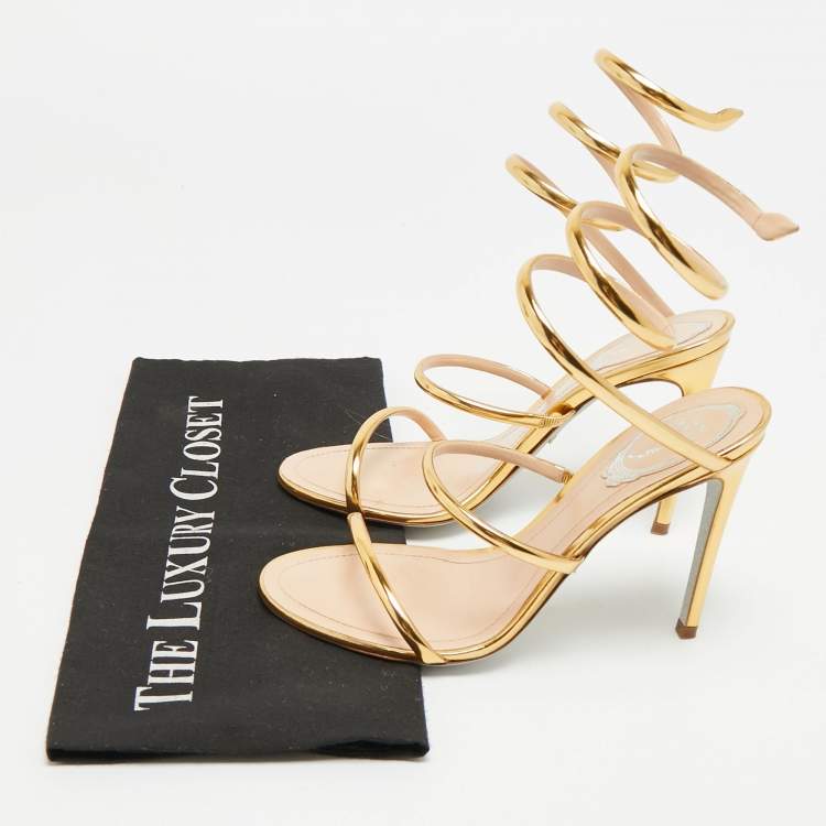 Pre Owned René Caovilla Cleo Size 37 Gold Foil Leather Ankle Wrap Sandals
