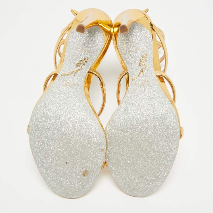 Pre Owned René Caovilla Cleo Size 37 Gold Foil Leather Ankle Wrap Sandals