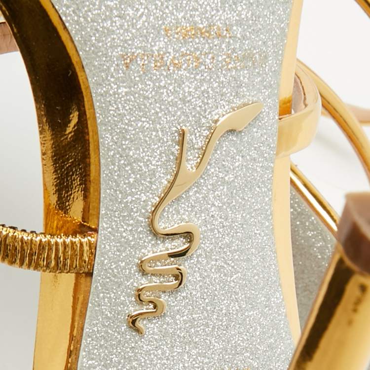 Pre Owned René Caovilla Cleo Size 37 Gold Foil Leather Ankle Wrap Sandals