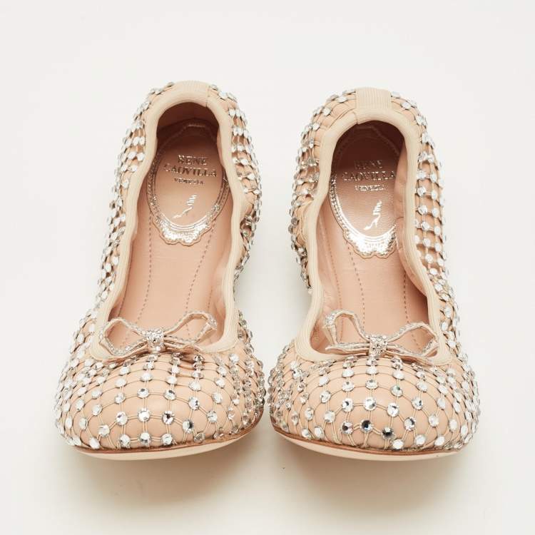 مملوكة مسبقًا حذاء باليرينا فلات مرصع بأحجار الراين بني جلد رينيه كوفيلّا سكرانش مقاس 38