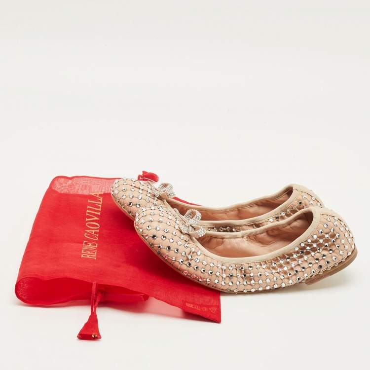 مملوكة مسبقًا حذاء باليرينا فلات مرصع بأحجار الراين بني جلد رينيه كوفيلّا سكرانش مقاس 38