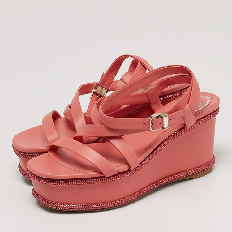 Pre Owned René Caovilla Size 37 Pink Leather Wedge Sandals