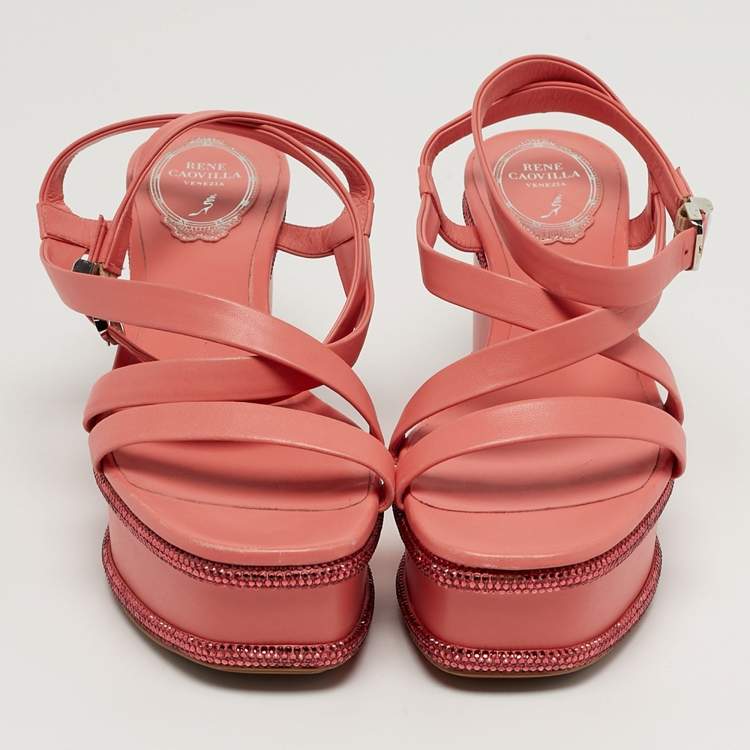 Pre Owned René Caovilla Size 37 Pink Leather Wedge Sandals