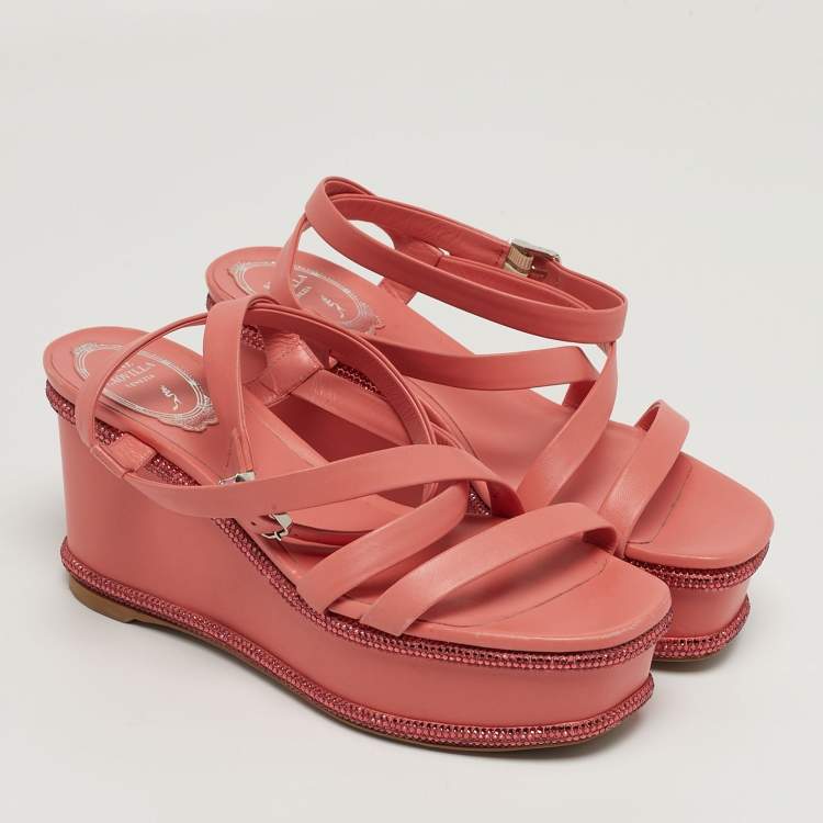 Pre Owned René Caovilla Size 37 Pink Leather Wedge Sandals