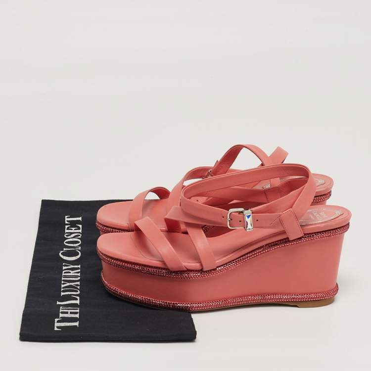 Pre Owned René Caovilla Size 37 Pink Leather Wedge Sandals