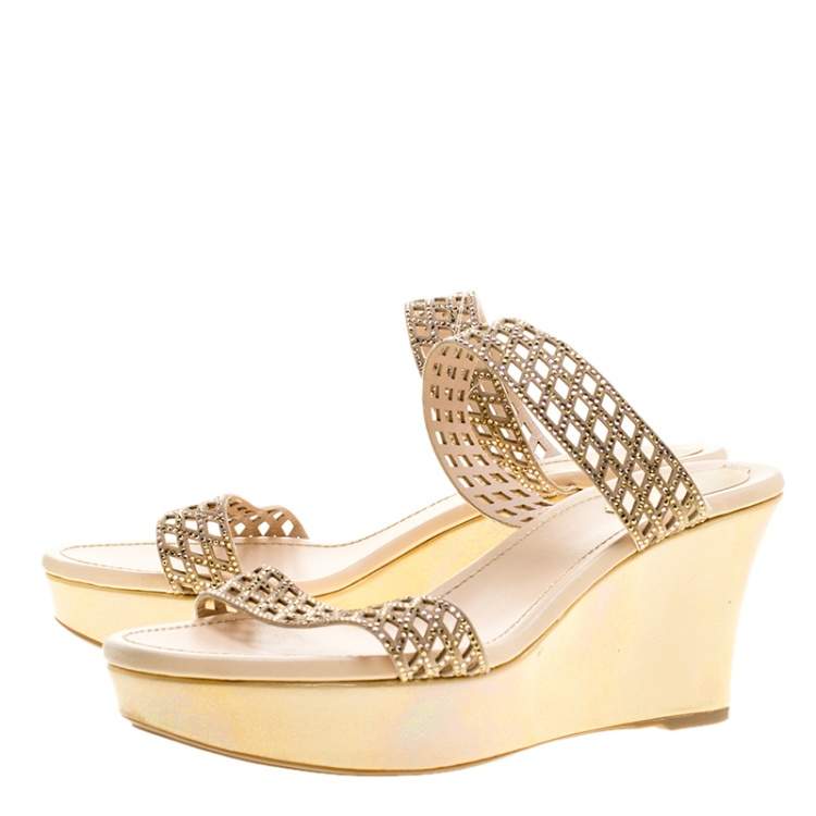 Pre Owned René Caovilla Beige Crystal Embellished Laser Cut Suede Wedge Slides Size 40