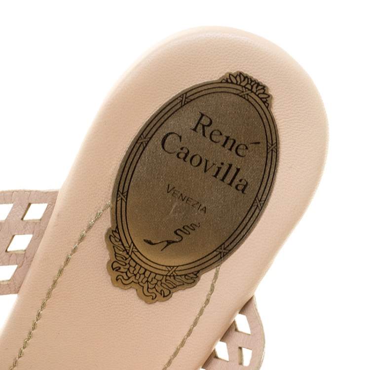Pre Owned René Caovilla Beige Crystal Embellished Laser Cut Suede Wedge Slides Size 40