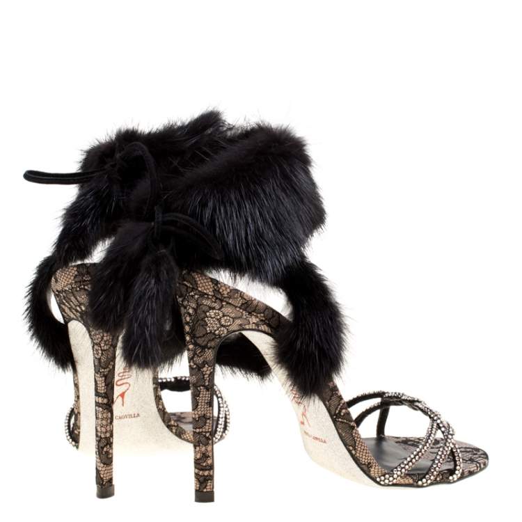 Pre Owned René Caovilla Black Crystal Embellished Satin With Fur Ankle Cuff Open Toe Sandals Size 39