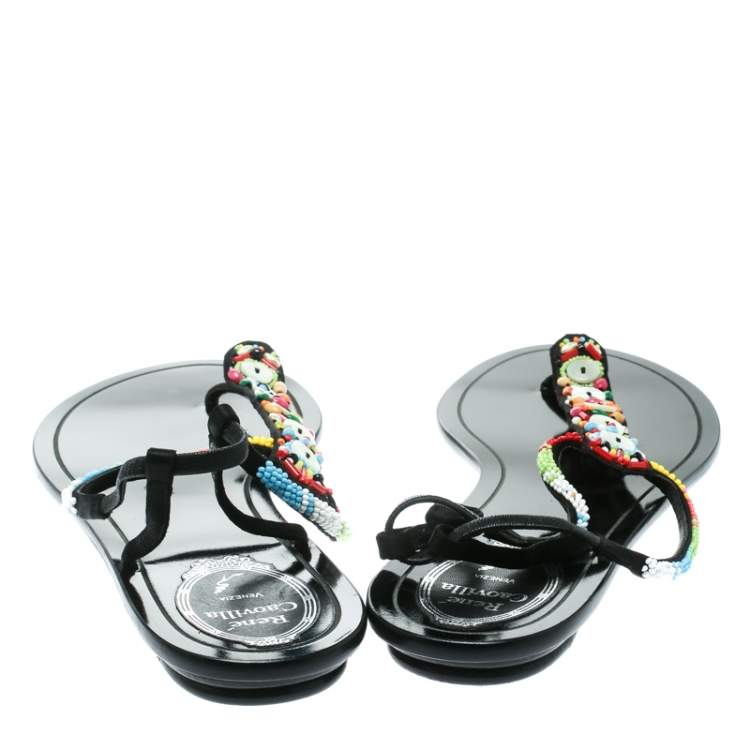 Pre Owned René Caovilla Black Satin Beads Embellished Flat Thong Sandals Size 41