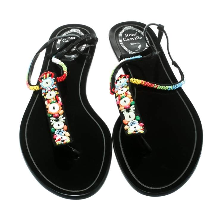 Pre Owned René Caovilla Black Satin Beads Embellished Flat Thong Sandals Size 41