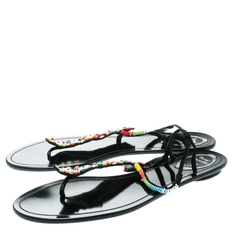 Pre Owned René Caovilla Black Satin Beads Embellished Flat Thong Sandals Size 41