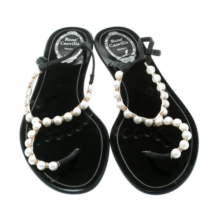 Pre Owned René Caovilla Faux Pearl Embellished Flat Thong Sandals Size 41